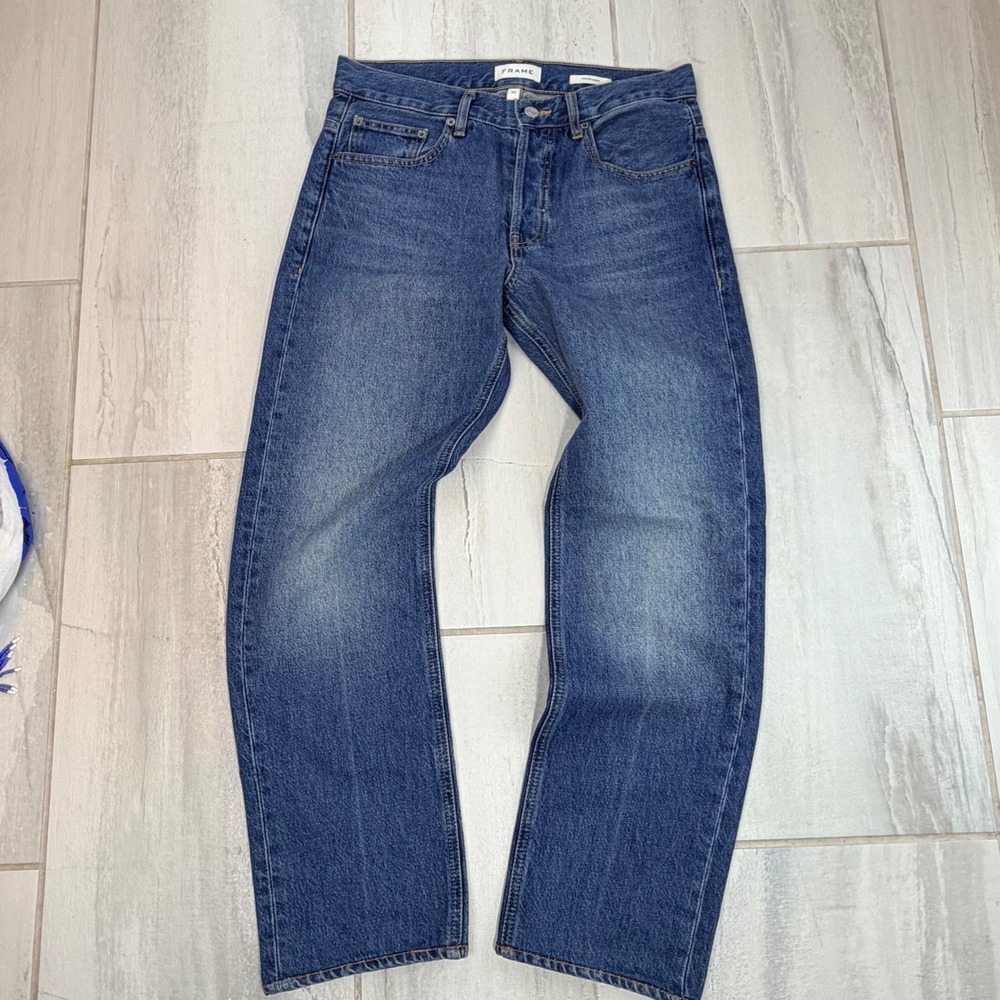 FRAME The Straight Jeans Dreamy Blue Recycled Cotton Button Fly LMHST510 Size 32